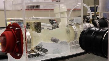 A 3D-printed replica of a patient’s aorta is tested in a high-tech heart simulator. The experiment can test different heart valve types and positions to find what will work best for the patient and prevent complications.