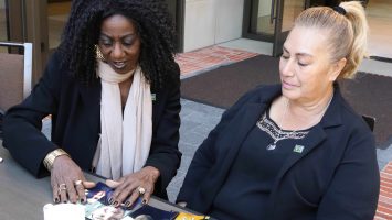 Vertice Boyce (left) looks at family photos with Eva Maldonado (right), the mother of her donor, Berto Maldonado. The recipient of a kidney transplant in 2015, Berto Maldonado died in a car accident in July 2017, and his family re-donated, or “re-gifted” his organ. The re-transplantation, an extremely rare procedure, was made possible by transplant surgeon Dr. Jeffrey Veale at Ronald Reagan UCLA Medical Center. His family says Berto would have wanted to give someone else the same second chance at life he received.